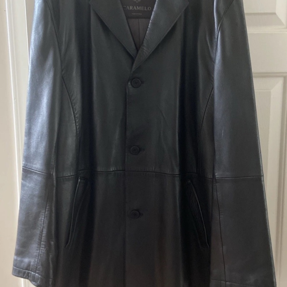 Men’s Black Leather Overcoat from Spain.  Size 46/XL